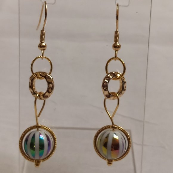 Steel Handmade Hand Crafted Beaded Rainbow Stripe Dangle Earrings #53 - Picture 1 of 11